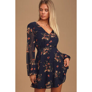 Lulus Always Yours Navy Blue Floral Print Long Sleeve Skater Dress - Size M